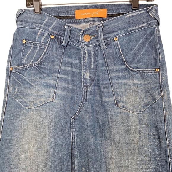 Vintage Orange Label Levis Medium Blue Wash Distressed Denim Maxi Skirt 7 - Picture 2 of 11